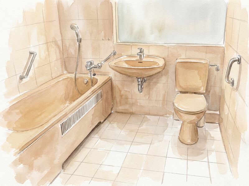 Originalbad in Bahamabeige mit Seitenwandheizung