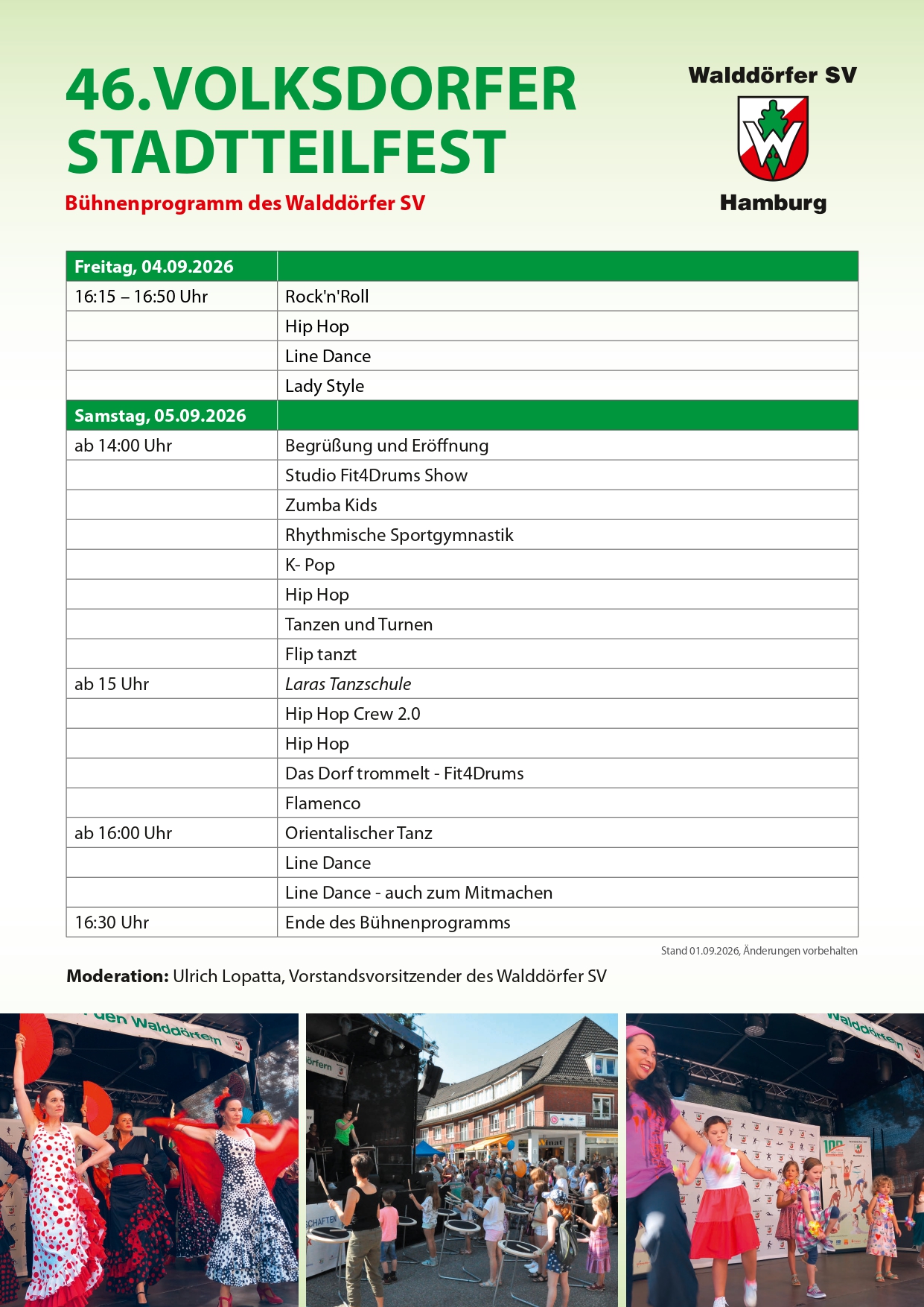 Plakat des WSV-Bühnenprogramms beim Volksdorfer Stadtteilfest 2026