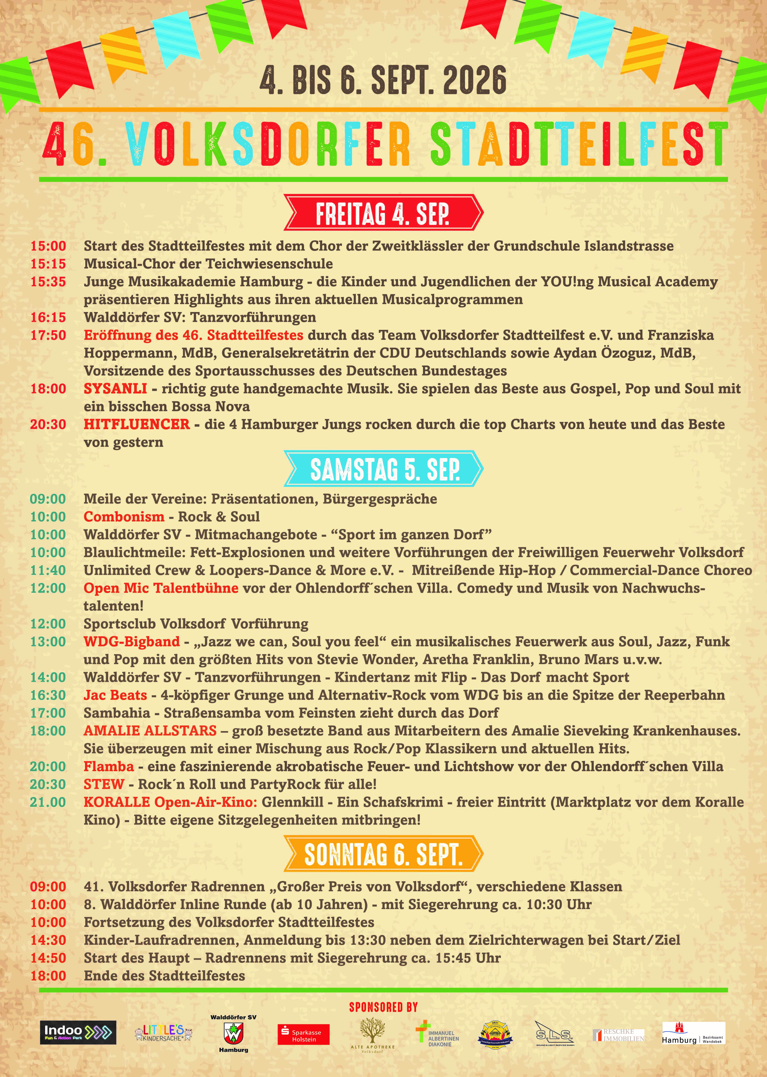 Programmplakat des 46. Volksdorfer Stadtteilfestes 2026 mit den Auftritten und Uhrzeiten