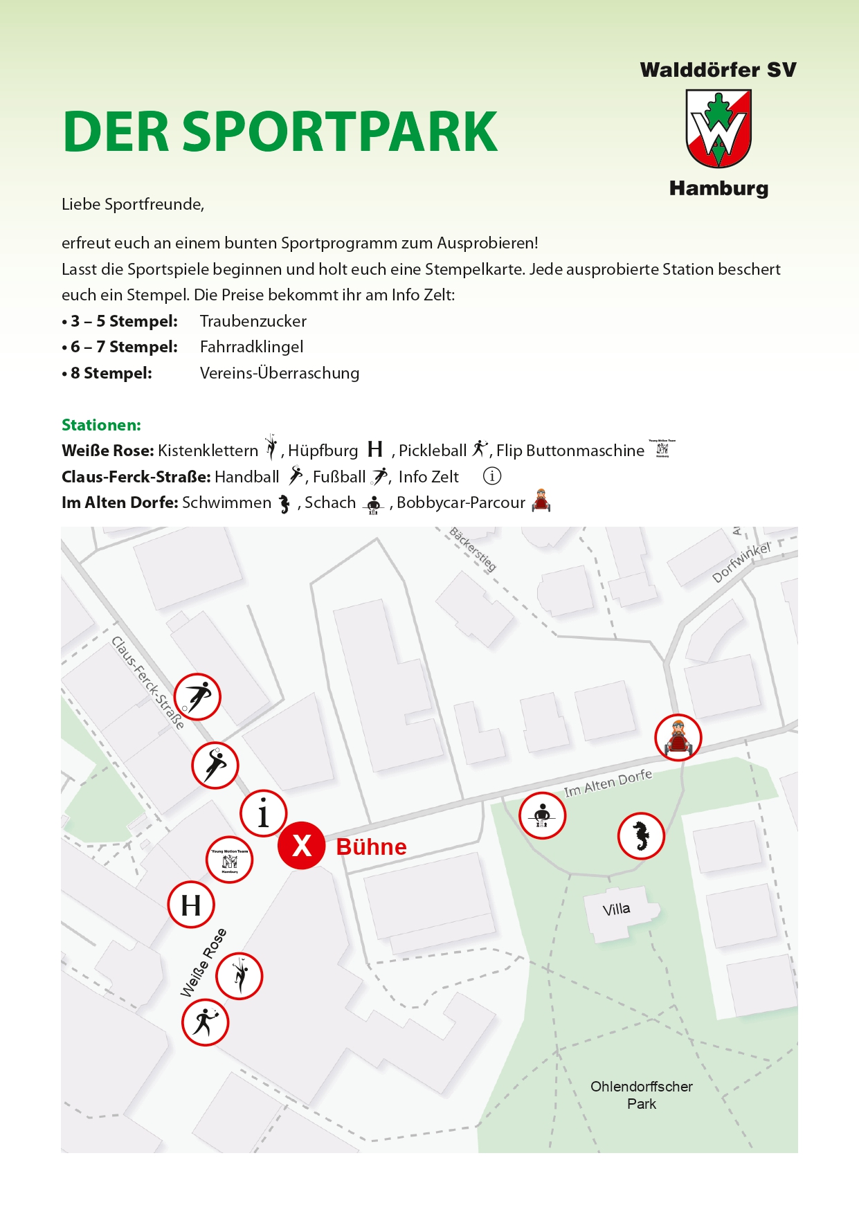 Plakat der Mitmachstationen „Sport im ganzen Dorf“ beim Volksdorfer Stadtteilfest 2026