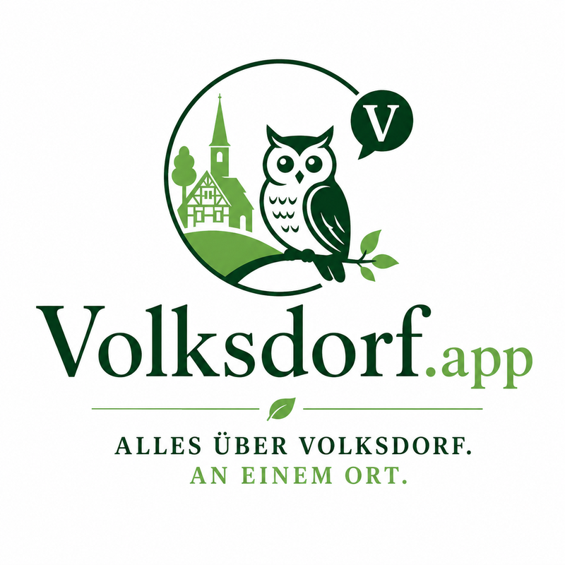 Logo der Volksdorf.app – grüne Eule vor Kirche und Fachwerkhaus